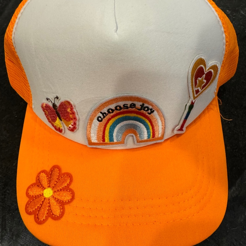 Truckers Hat womans homemade orange with patches (rainbow flower)